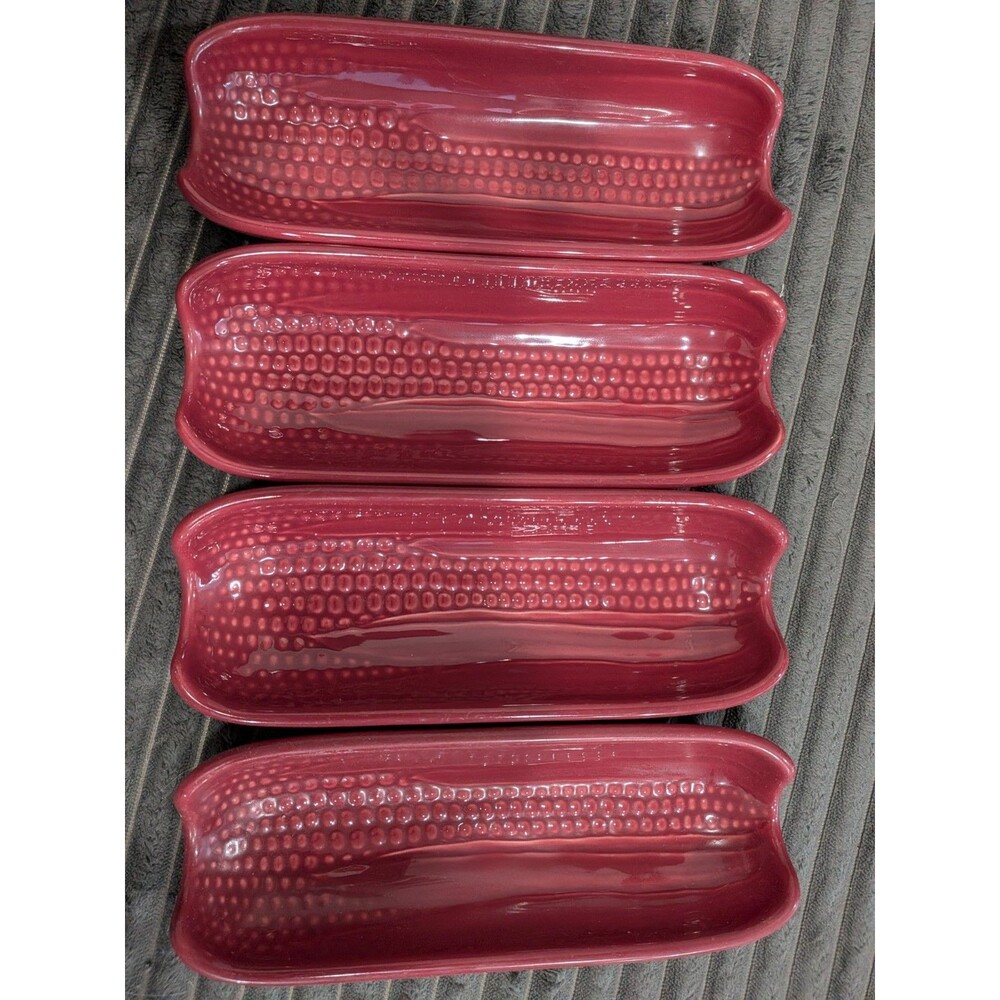 Vintage Pfaltzgraff Maroon Red Stoneware Corn on the Cob Dishes - Set of 4,